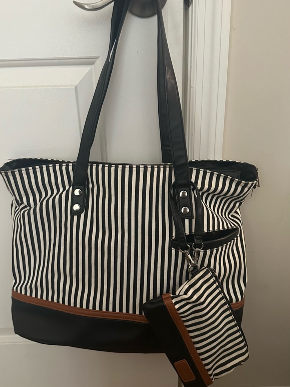 Striped Black & White Tote Bag with Matching Wristlet